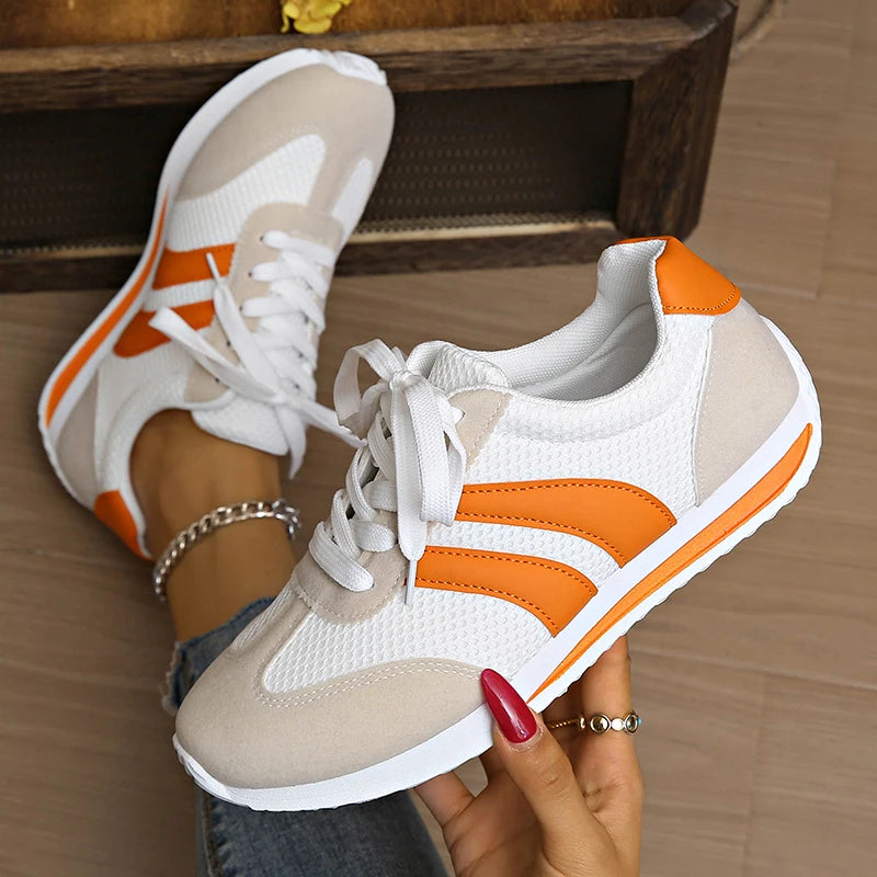 Women's Lightweight Fashion Sneakers Comfort Non Slip Casual Sports Shoes Woman Orange Striped Mesh Breathable Platform Sneakers
