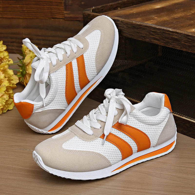Women's Lightweight Fashion Sneakers Comfort Non Slip Casual Sports Shoes Woman Orange Striped Mesh Breathable Platform Sneakers