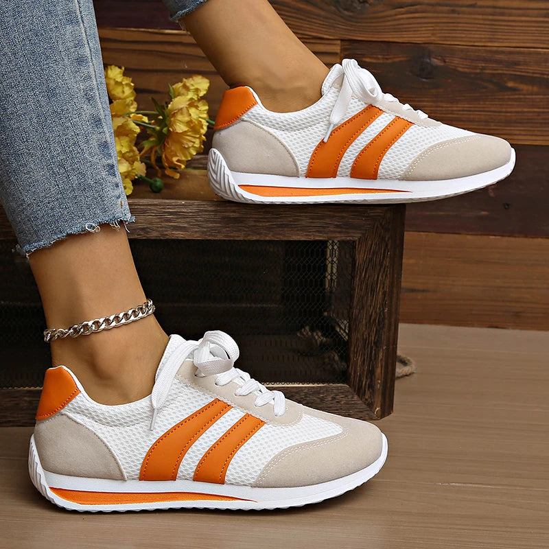 Women's Lightweight Fashion Sneakers Comfort Non Slip Casual Sports Shoes Woman Orange Striped Mesh Breathable Platform Sneakers