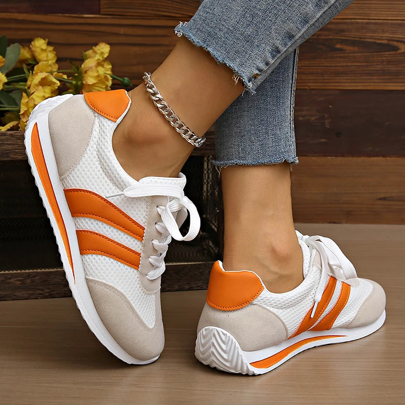 Women's Lightweight Fashion Sneakers Comfort Non Slip Casual Sports Shoes Woman Orange Striped Mesh Breathable Platform Sneakers